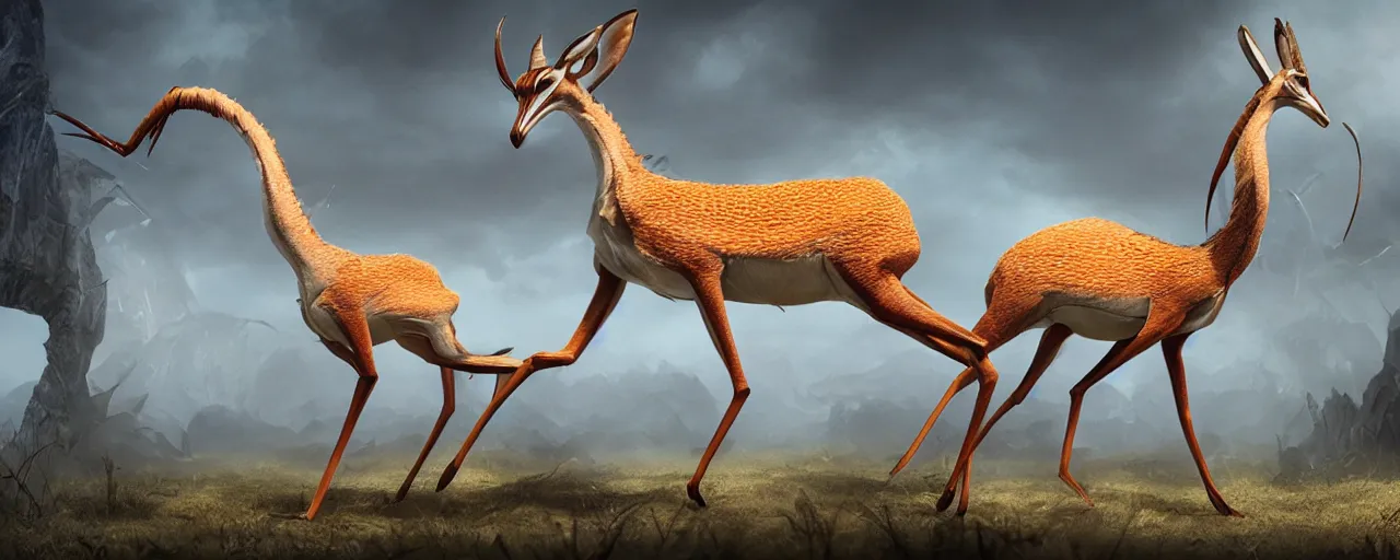 Prompt: creature design, a gazelle with crustacean carapace, cryptid, cinematic lighting, octane render, cinematic aura lighting, atmospheric, photorealistic, hyperdetailed 3 d matte painting, hyperrealism, hyperrealistic