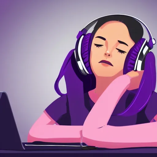 Prompt: beautiful purple - haired female sleeping at desktop computer, wearing headphones, snoring, stylized
