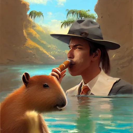 Image similar to a painting of a capybara smoking a cuban cigar while a fedora sitting in a secret underwater base by Krenz Cushart, high detail, concept art, artstation, 8k