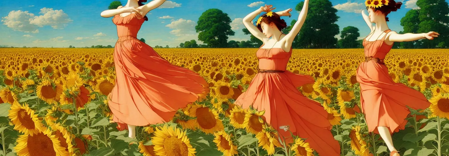 Image similar to beautiful young girl dancing in a fiery dress in a beautiful field of sunflowers and lilies, like leonardo da vinci sketches! in the style of studio ghibli, j. c. leyendecker, greg rutkowski, artgerm