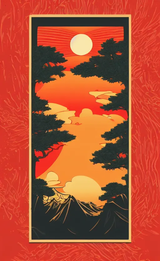 Prompt: hanafuda, a big red charm is floating above a forest of japanese pines, a big red sun in the background, original style, front game card, vector line art, trending on behance, concept art, stunning, matte