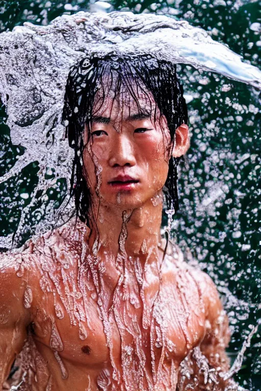 Image similar to a film still of japanese wearing kimono batik, close up face detail, muscular, wet body, model photography, wet dripping hair, emerging from the water