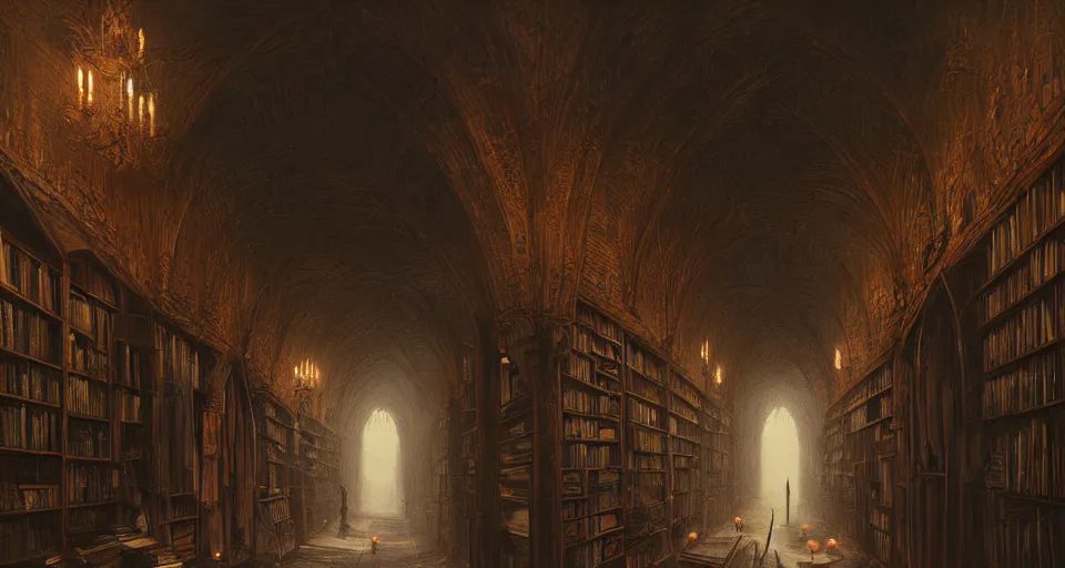 Prompt: Stefan Koidl's painting of a deep dark creepy gothic victorian corridor with bookshelves everywhere and two candles. 4k, octane, digital painting, artstation, concept art, sharp focus, illustration, art by artgerm and greg rutkowski and alphonse mucha.