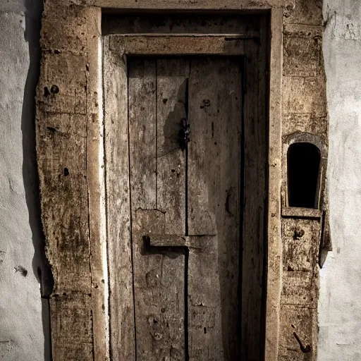 Image similar to A ajar dilapidated door with a human face hangs on loops, medieval style, dramatic lighting