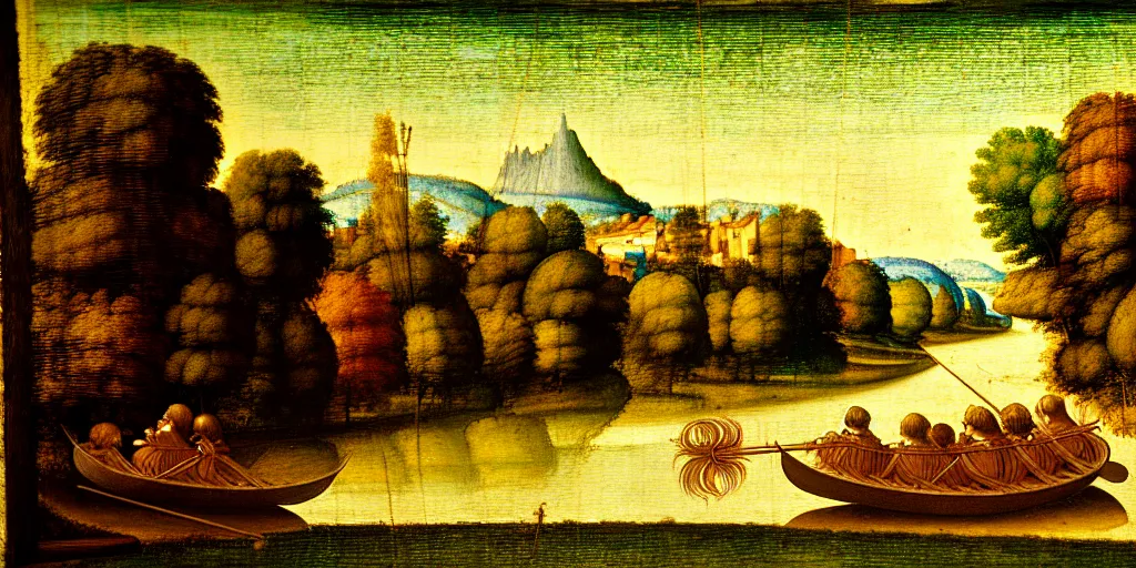 Image similar to A very detailed painting in the style of Leonardo Da Vinci featuring a river in Europe surrounded by trees and fields. A rubber dinghy is slowly moving through the water. Sun is shining