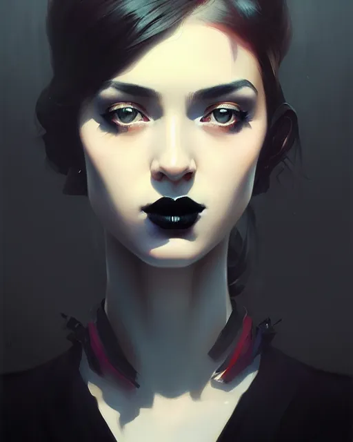 Prompt: stylized portrait by aykutmakut of an artistic pose, composition, young cute serious fancy lady with black paint in her face, cinematic moody colors, realistic shaded, fine details, realistic shaded lighting poster by ilya kuvshinov, magali villeneuve, artgerm, jeremy lipkin and michael garmash and rob rey