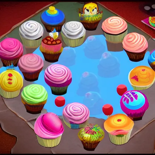 Image similar to screenshot from a 3 d video game about cupcakes