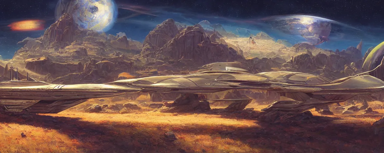 Prompt: stylish spaceship in retro scifi landscape, beautiful colours, sharp textures, nikolay georgiev, alex ross, bruce pennington, donato giancola, larry elmore, masterpiece, oils on canvas, trending on artstation, featured on pixiv, cinematic composition, sharp, details, hyper - detailed, hd, hdr, 4 k, 8 k