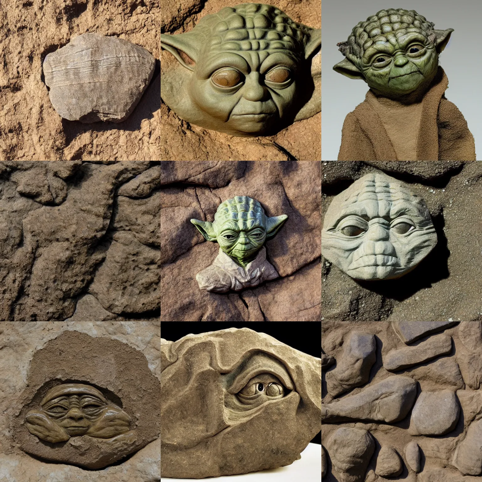 Prompt: Fossil of Yoda, brownish old fossil remnant, among other rock fossils