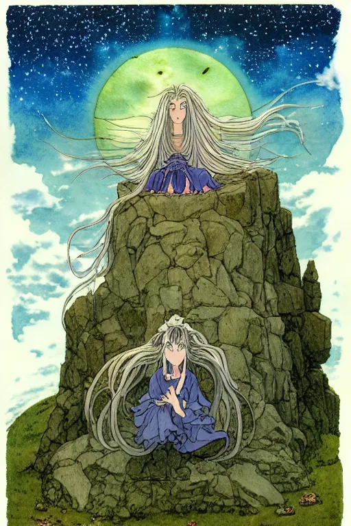 Image similar to a hyperrealist studio ghibli watercolor fantasy concept art of a giant long haired grey witch in lotus position sitting on top of stonehenge with a starry sky in the background. a ufo is in the sky. by rebecca guay, michael kaluta, charles vess