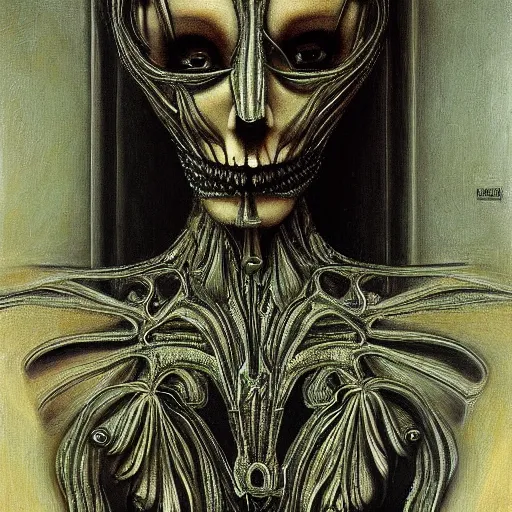 Prompt: portrait of a beautiful woman, gothic, high detail, oil painting by giger