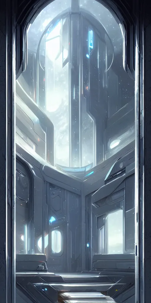 Image similar to hyper realistic art - deco sci - fi double door by jordan grimmer, darek zabrocki