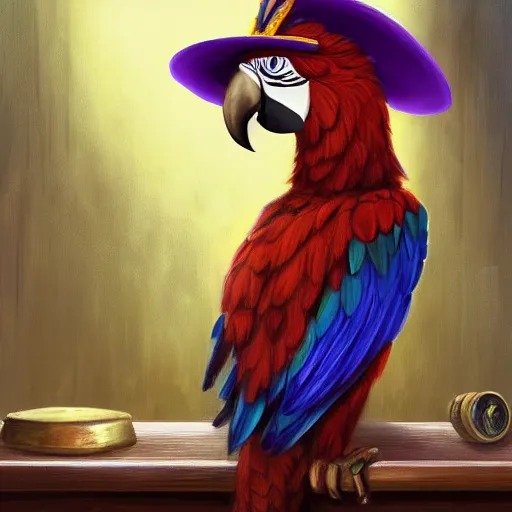 Prompt: Anthropomorphized parrot trader in his shop, shelves full, selling a gem, portrait, items, magic potions, fancy hat, sly expression , cunning expression, cute expression, presenting magic gem, D&D, fantasy, cinematic lighting, highly detailed, digital painting, artstation, concept art, smooth, sharp focus, illustration, warm light, cozy warm tint, magic the gathering artwork, volumetric lighting, 8k, no gold, no gold colours, art by Akihiko Yoshida, Greg Rutkowski