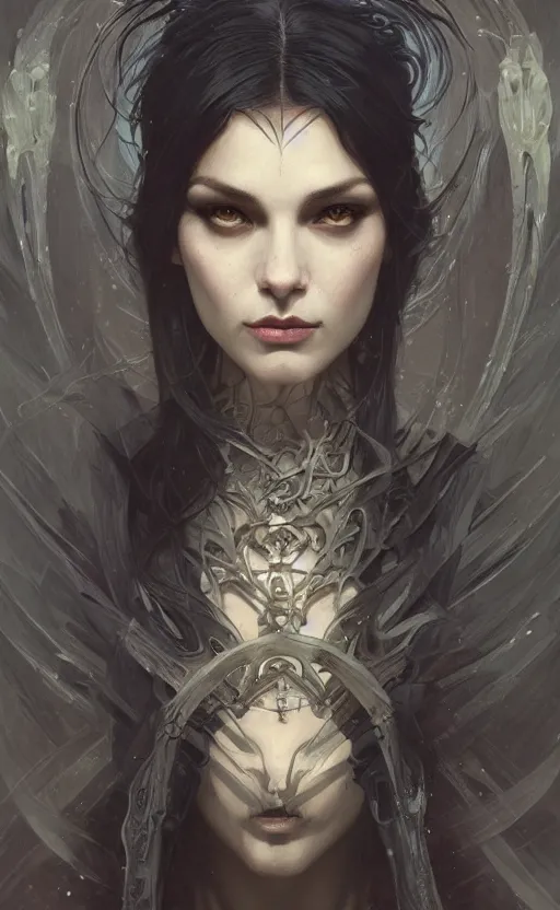 Image similar to portrait of a dark witch, confident, menacing, mysterious, intricate, headshot, highly detailed, digital painting, artstation, concept art, sharp focus, cinematic lighting, illustration, art by artgerm and greg rutkowski, alphonse mucha, cgsociety