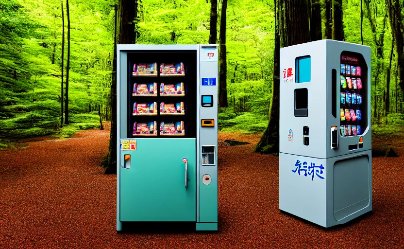 Image similar to photograph of Japanese vending machine in the middle of a forest, one point perspective, 1-point perspective, tilt shift, sigma 85mm f/1.4, 4k, depth of field, high resolution, 4k, 8k, hd, full color
