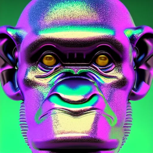 Image similar to 3d render of holographic chimpanzee robotic head made of glossy iridescent, surrealistic 3d illustration of a chimpanzee face non-binary, non binary model, 3d model ape, cryengine, made of holographic texture, holographic material, holographic rainbow, concept of cyborg and artificial intelligence