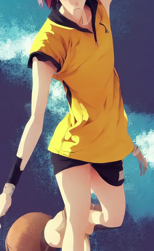 Image similar to character design, manga style, realistic lighting, realistic anatomy, solid colors, made by ilya kuvshinov, safebooru, from arknights, female beach volley player, elegant, futuristic yellow lens, sport clothing, simple background