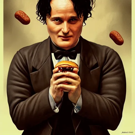 Image similar to portrait of Harry Houdini eating hamburgers, extra onions and ketchup, luscious patty with sesame seeds, feminine ethereal, handsome, D&D, fantasy, intricate, elegant, highly detailed, digital painting, artstation, concept art, matte, sharp focus, illustration, art by Artgerm and Greg Rutkowski and Alphonse Mucha