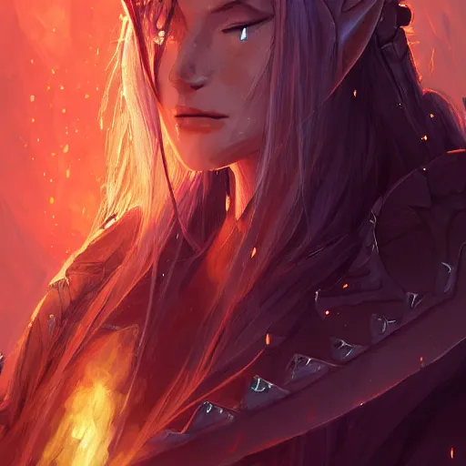 Image similar to a female elven cleric with red long hair, very good beautiful heavy scale armor, wearing a cape, casting a fire spell, dungeon background, magical, bright, colorful, fantastic lighting, amazing details, 4 k uhd, illustration by stephanie brown and mingchen shen and ilya kuvshinov, artstation, pixiv, concept art,