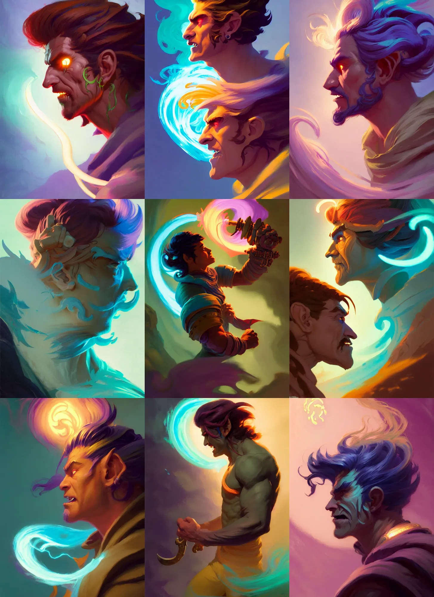 Prompt: side profile, male half - human half - troll rogue, gloomhaven, luminescent, colorful swirly magic ripples, pastel colors, by greg manchess, huang guangjian, gil elvgren, sachin teng, greg rutkowski, jesper ejsing, ilya kuvshinov