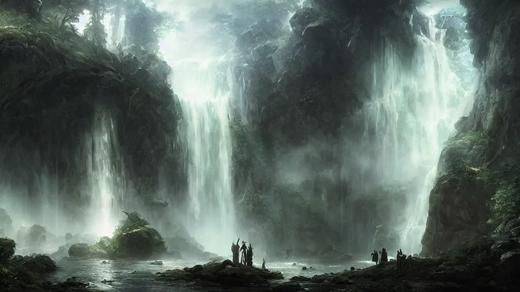 Image similar to the elven kingdom lies beneath the great underground waterfall. andreas achenbach, artgerm, mikko lagerstedt, zack snyder, tokujin yoshioka