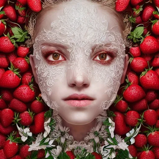 Image similar to the portrait of an absurdly beautiful, graceful, elegant, sophisticated, fashionable young woman made of strawberries and white petals with tears, an ultrafine hyperdetailed illustration by kim jung gi, irakli nadar, intricate linework, bright colors, octopath traveler, final fantasy, unreal engine 5 highly rendered, global illumination, radiant light, detailed and intricate environment