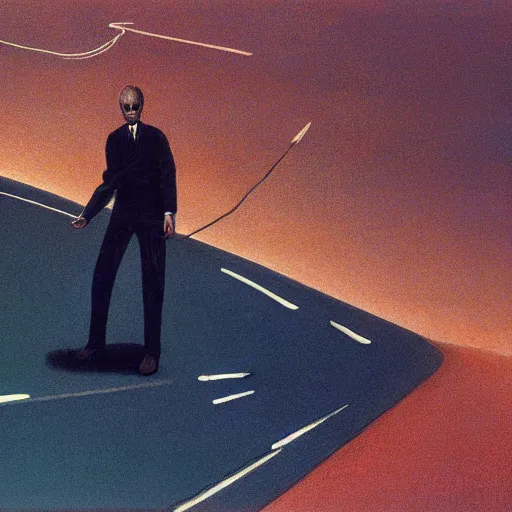 Prompt: depressed fbi agent driving a car down an empty road in roswell new mexico, beksinski, wayne barlowe, very coherent symmetrical artwork, cinematic, hyper realism, high detail, octane render, 8 k