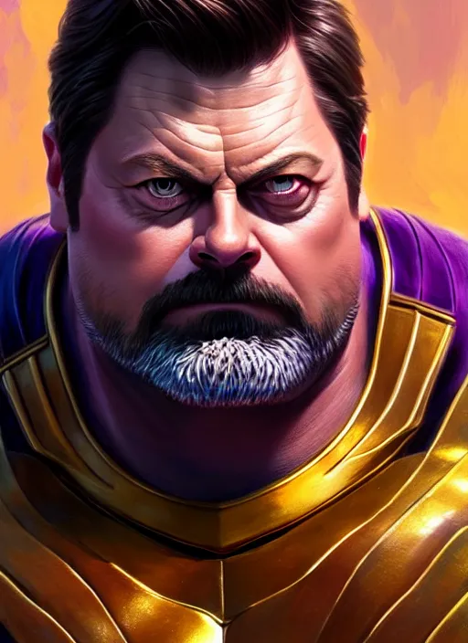 Image similar to portrait of nick offerman as thanos, muscular! fantasy, intricate, elegant, highly detailed, digital painting, artstation, concept art, smooth, sharp focus, illustration, art by artgerm and greg rutkowski and alphonse mucha