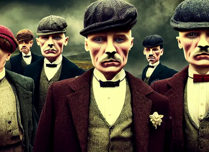 Image similar to peaky blinders crew made of shimps, poster, matte painting, 3 - d highly detailed, in the style of mark ryden,