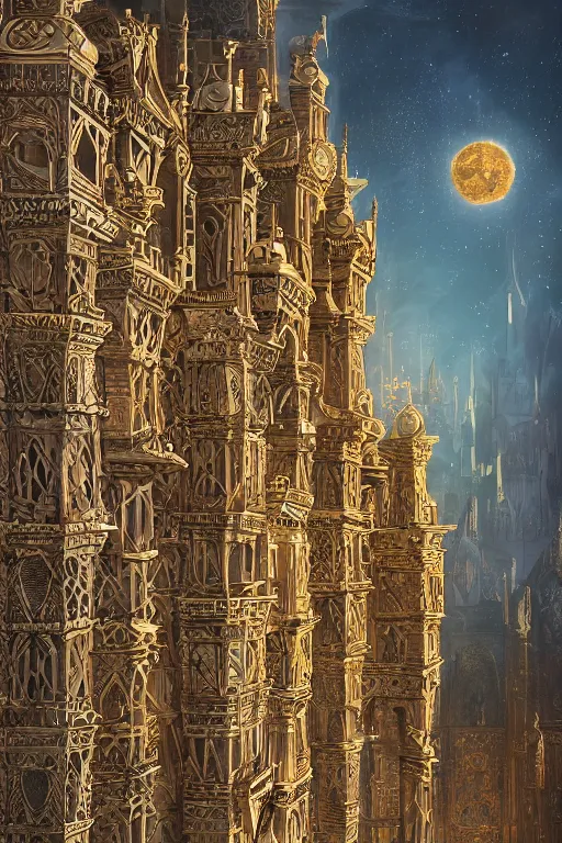 Prompt: ancient silver tower of the moon, distance view, fairytale illustration, elaborate carved latticed balconies, tall windows, moorish architecture, formal gardens, dramatic cinematic lighting, soft colors, golden age illustrator, unreal engine