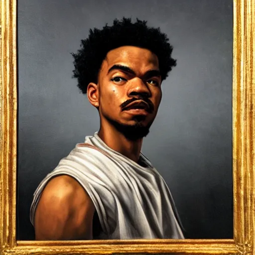 Image similar to a portrait painting of Chance The Rapper as a Poetic Philosopher in the style of Caravaggio, 1599, realistic, detailed