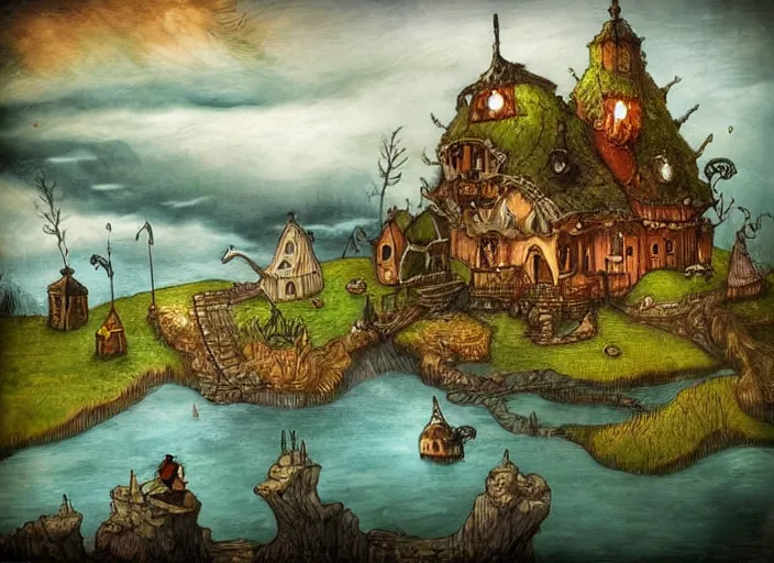 Image similar to a fantasy landscape with houses around a big lake, lowbrow in the style of alexander jansson,