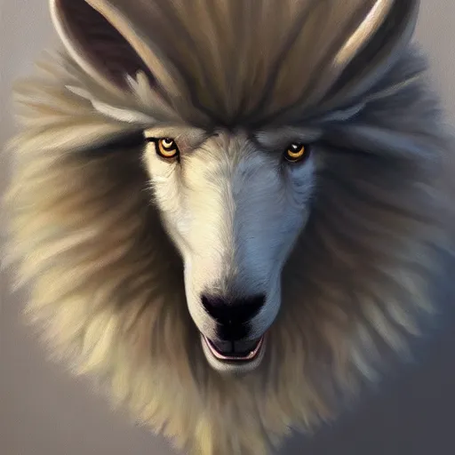 Prompt: sheep wolf head, oil painting, front view, artstation, dramatic lighting, symmetry, beautiful