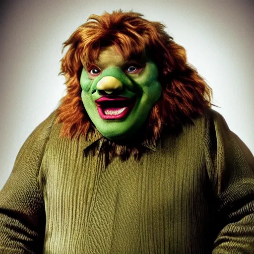 Image similar to snl chris farley as the cowardly lion of oz, studio poster photography, trending on artstation, featured on deviantart, award winning costume