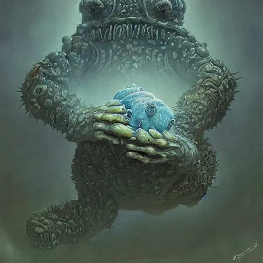 Prompt: fractal tardigrade!!! terror and horror painting tardigrade!!! descending onto an alcoholic earth, by greg rutkowski and studio ghibli, inspired by zdzisław beksinski, cinematic, atmospheric, dramatic colors, dawn.