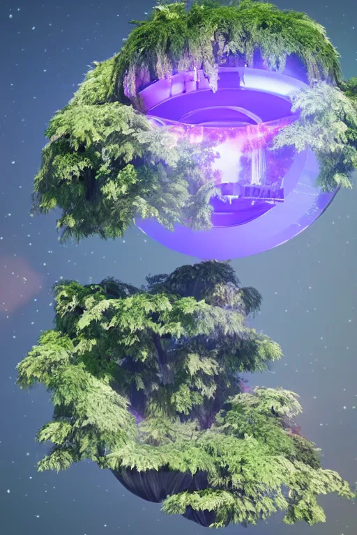 Image similar to multi level botanical garden spaceship floating in space, calm, tranquil, faded effect, detailed, vaporwave colors, render by substance designer