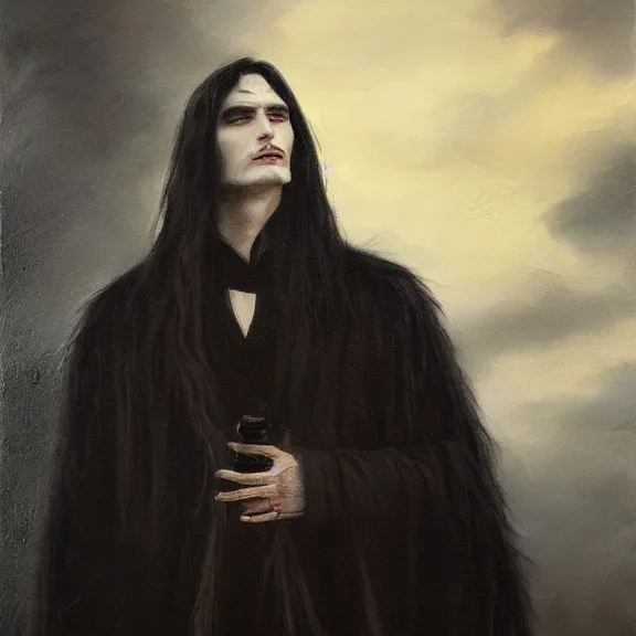 Image similar to long black hair handsome vampire lord wearing fur lined coat, portrait, oil on canvas, atmospheric, field of depth, fantasy, grim, dark, trending on artstation