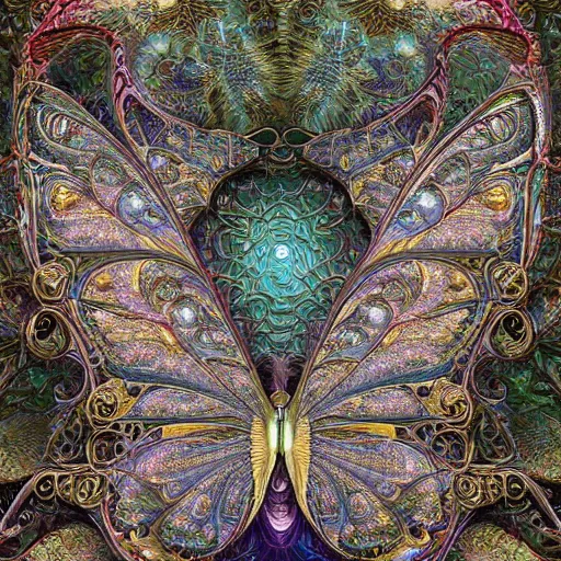Prompt: wonderful butterfly of pixelated fractal patterns flying around, hyper detailed, intricate and detailed, ornate 8 k gorgeous intricate detailed, octane render, by sc escher, gustav klimt, egon schiele and hr giger