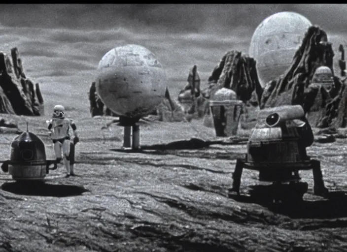 Prompt: Scene from the 1907 science fiction film Star Wars: A New Hope