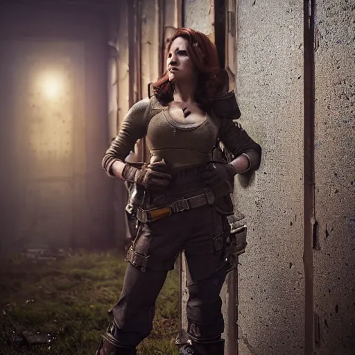 Image similar to fallout 5, charismatic beautiful rugged brunette female protagonist, portrait, outdoors in front of the entrance to vault 1 5 6, atmospheric lighting, painted, intricate, volumetric lighting, beautiful, daytime, sunny weather, slight overcast, sharp focus, deep colours, ultra detailed, by leesha hannigan, ross tran, thierry doizon, kai carpenter, ignacio fernandez rios