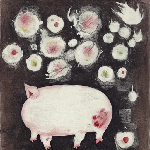 Image similar to “pig paintings and pig sculptures in a pig art gallery, pork, ikebana white flowers, white wax dripping, squashed raspberry stains, charcoal on paper, by munch and Dali”