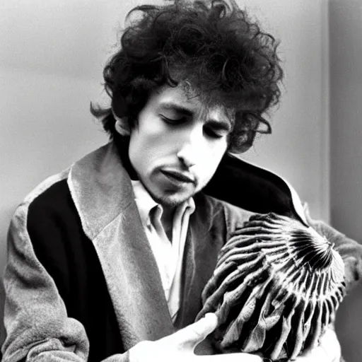 Image similar to bob dylan cradling a giant isopod like a baby, photograph, 1 9 6 5