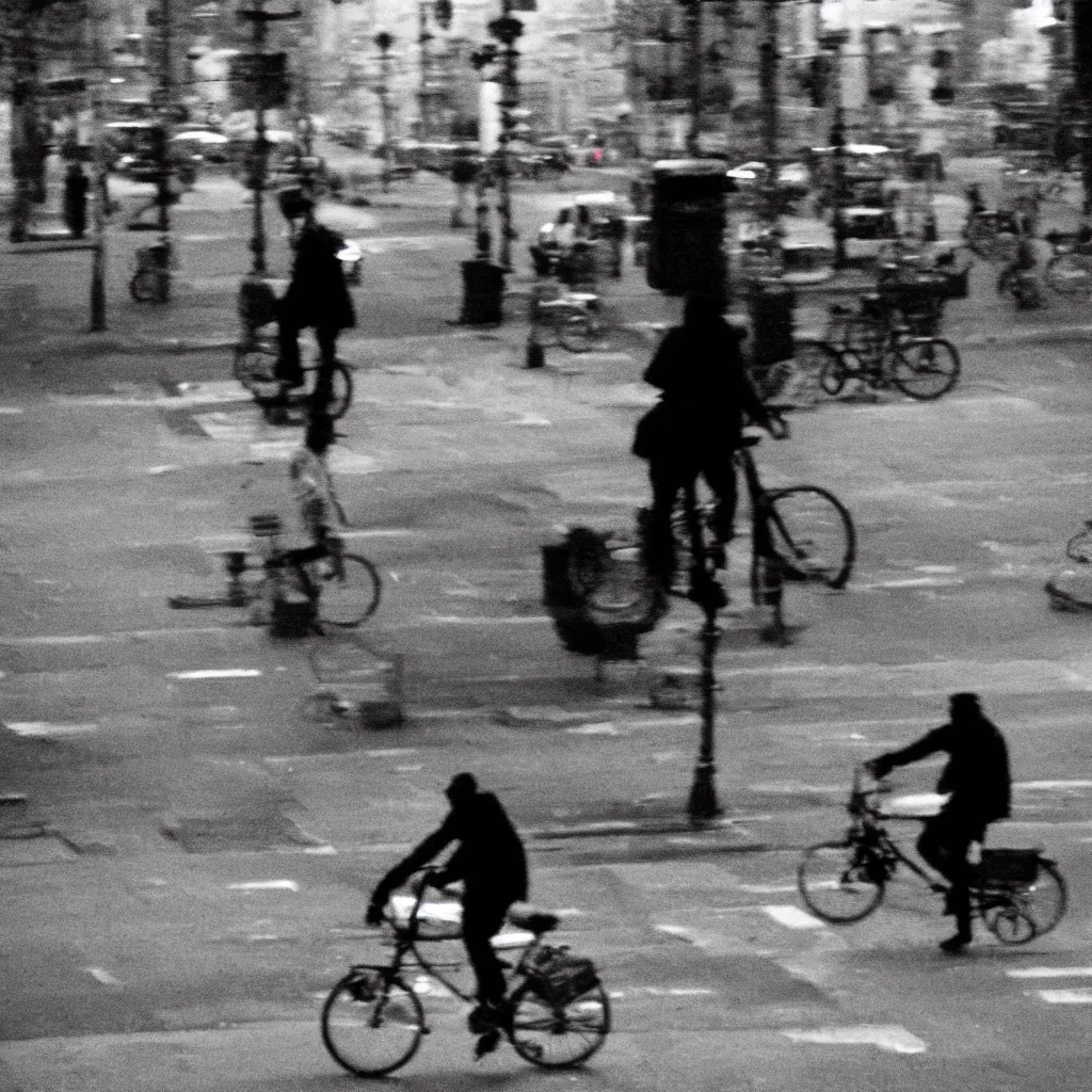 Prompt: a man riding a bike with 50 foot tall wheels the streets of philadelphia at dawn, analog film 8k, movie still, motion blur, grainy Tri-x pushed to 3200, tilt-shift, holga