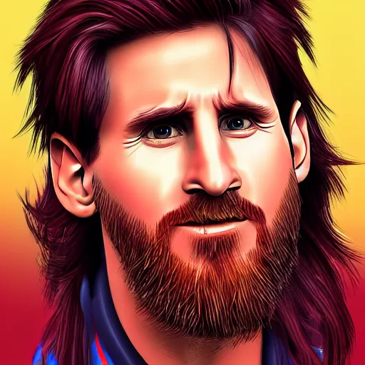 Prompt: Messi, long hair, flowing hair, hell, trending on artstation