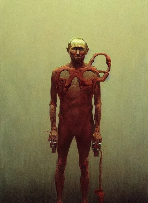 Image similar to Painting in a style of Beksinski featuring Vladimir Putin. Suffering and pain