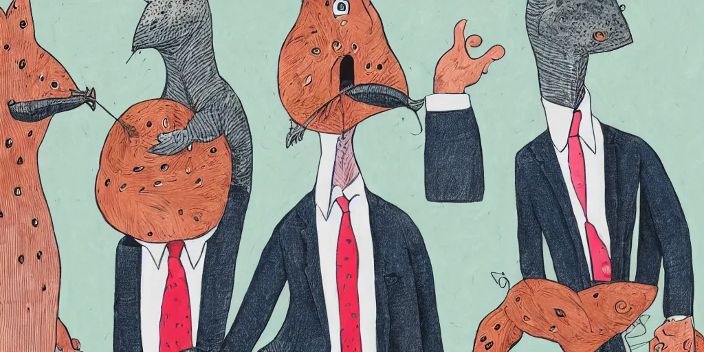 Image similar to anthropomorphic catfish wearing a suit, thumbs upping, by lisa hanawalt, by wanda gag, by tove jannson