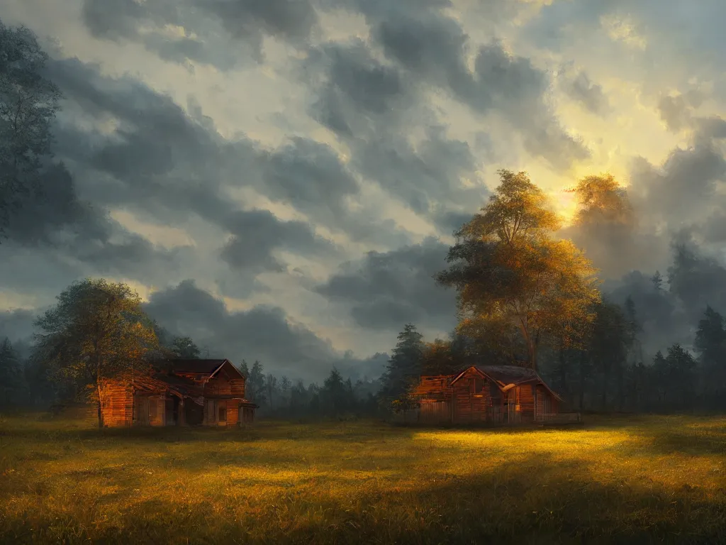 Image similar to a oil painting of a serene landscape with a singular wooden house at sunrise, concept art, octane render, unreal engine 5, trending on deviantart, highly detailed, high quality, oil painting, digital painting l, masterpiece, hyperrealistic, breathtaking landscape, soft lighting, godrays, complementary colors, natural lighting