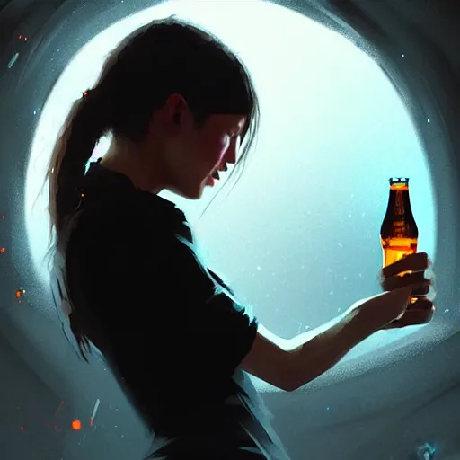 Image similar to a girl drinking beer in black hole, detailed digital art by greg rutkowski.