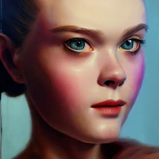Prompt: ultra realistic portrait painting of elle fanning in irobot, art by frank frazetta, 4 k, ultra realistic, highly detailed, epic lighting
