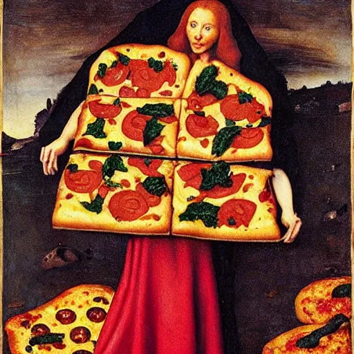 Prompt: skinny lady with red hair covered by pizzas in Hell, painted in style of Hans Memling